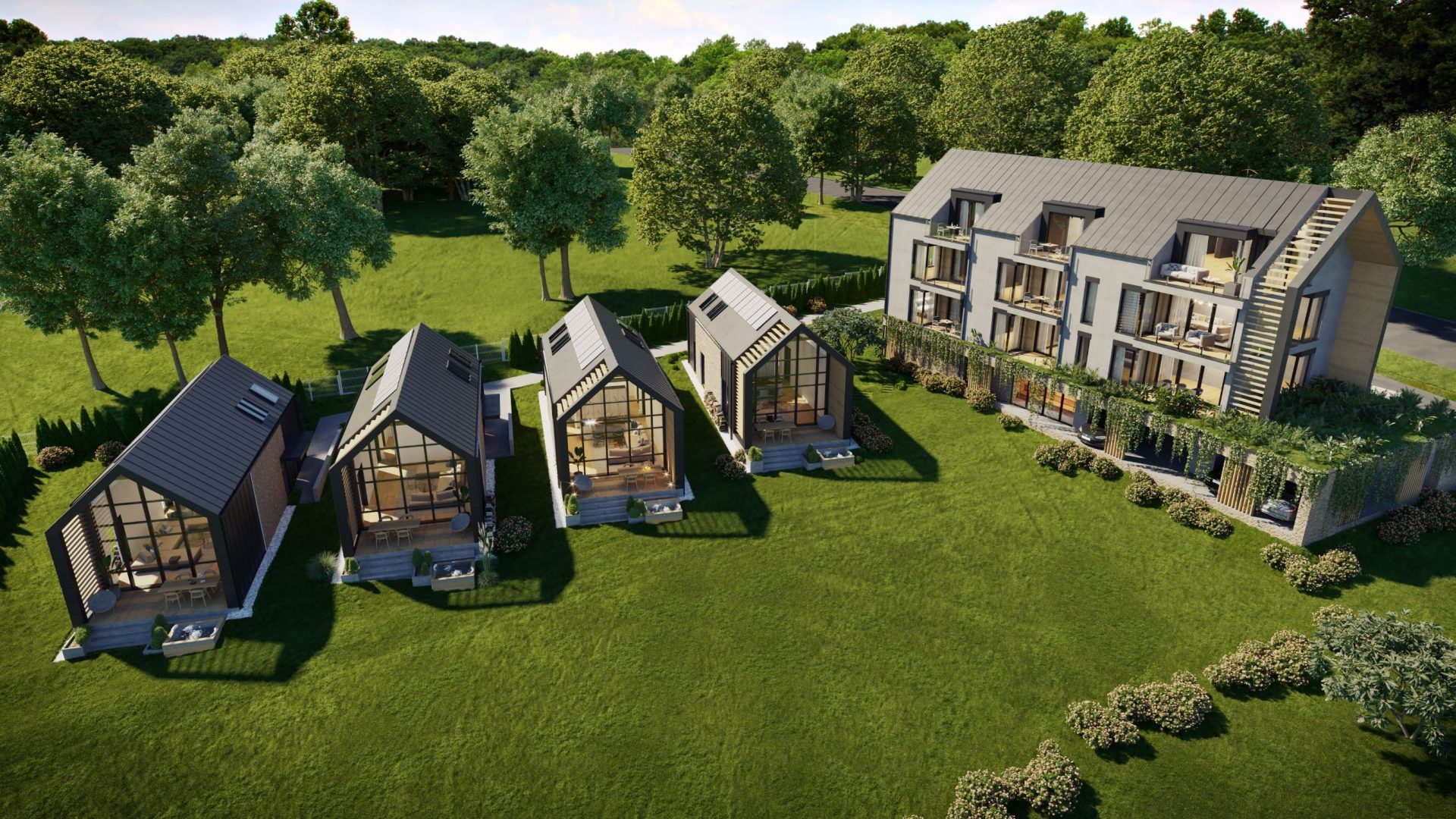 Madártávlat: az apartmanház és a négy elkészült skandináv ház